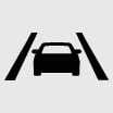 2026 Kia Tasman Lane Safety indicator light icon. The symbol depicts a car silhouette centered between two converging lines representing road lanes. It functions to indicate the status of the Lane Keeping Assist system or warn of lane departure.