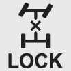 2026 Kia Tasman 4WD Lock indicator light icon. The symbol displays a drivetrain schematic with four wheels and a central 'X' mark, accompanied by the text 'LOCK' underneath. This explains the function of indicating that the 4WD lock system is activated.