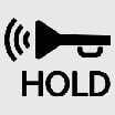 2026 Kia Tasman Panic alarm icon. A black trumpet-shaped horn symbol with sound waves emitting from the left, accompanied by the text 'HOLD' at the bottom. Explains the panic alarm button function on the smart key.