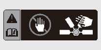 2026 Kia Tasman cooling fan warning label image. The label displays a warning triangle, a manual reference icon, a prohibition symbol over a hand, and a graphic showing a hand being injured by rotating fan blades. It warns against touching the cooling fan to prevent injury from rotating parts.