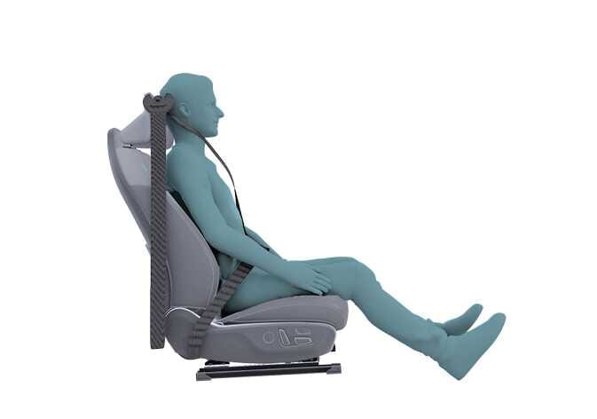 2026 기아 타스만 승객 구분 시스템(ODS) 올바른 착석 자세 이미지입니다. 청록색으로 강조된 탑승자가 시트 등받이에 등을 밀착하고 안전벨트를 착용한 상태로 바르게 앉아 있는 모습을 보여줍니다. 동승석 에어백이 정상적으로 작동할 수 있도록 탑승자가 올바른 자세를 유지하는 방법을 설명합니다.