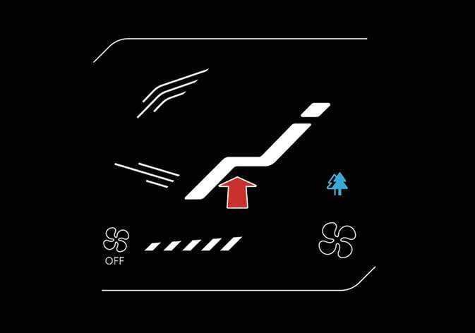 2026 기아 타스만 바람 방향 선택 화면 이미지입니다. 앉아 있는 사람 형상의 아이콘 하단에 붉은색 화살표가 위쪽을 가리키고 있어 바람이 발끝으로 향하는 모습을 나타냅니다. 주로 난방 시 발끝으로 바람이 나오도록 조절하는 기능을 설명합니다.