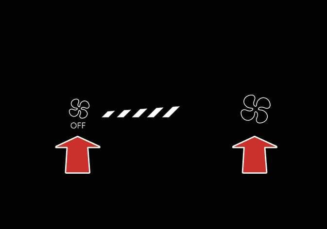 2026 기아 타스만 풍량 조절 아이콘 이미지입니다. 왼쪽에는 'OFF' 문구가 적힌 팬 아이콘과 풍량 단계를 나타내는 흰색 사선 막대가 있고, 오른쪽에는 팬 심볼 아이콘이 있습니다. 각 아이콘 하단에는 붉은색 화살표가 위쪽을 가리키며 조작 위치를 지시하고 있습니다. 아이콘을 터치하여 풍량을 조절하거나 시스템을 끄는 기능을 설명합니다.