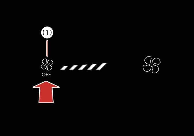 2026 기아 타스만 공조 장치 작동 정지 이미지입니다. 풍량 조절 OFF 아이콘(1)을 향해 붉은색 화살표가 위쪽을 가리키고 있으며, 우측에는 풍량 세기를 나타내는 막대 그래프가 표시되어 있습니다. 아이콘을 조작하여 히터 및 에어컨의 작동을 멈추는 기능을 설명합니다.