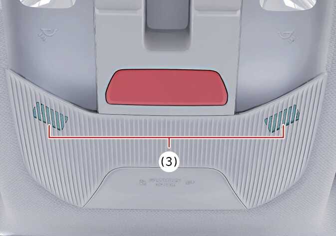 2026 기아 타스만 블루투스 핸즈프리 마이크 위치 이미지입니다. 오버헤드 콘솔 하단 좌우에 위치한 마이크 그릴이 청록색으로 강조되어 있으며, 붉은색 선으로 연결되어 번호 (3)으로 표시되어 있습니다. 핸즈프리 통화 시 운전자의 음성을 수음하는 마이크의 위치를 설명합니다.