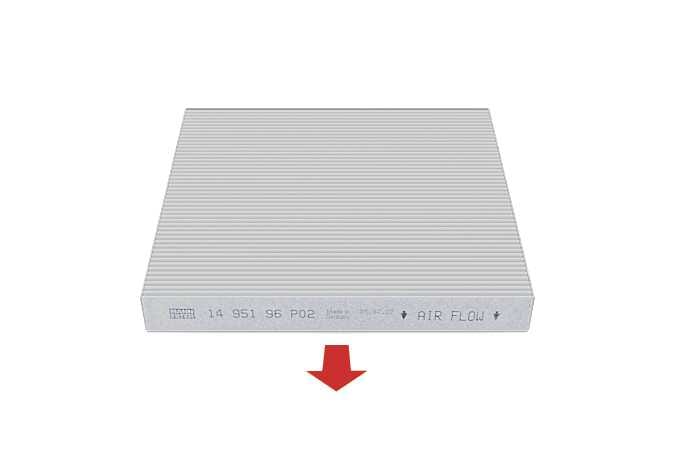 This image shows the air filter for the 2026 Kia Tasman climate control unit. The filter is marked with the words AIR FLOW and a downward arrow, with a bold red arrow pointing downward at the bottom. This explains the function of checking the airflow direction and replacing the filter in the correct direction.