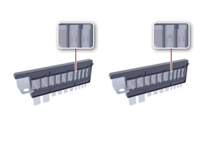 2026 기아 타스만 멀티 타입 퓨즈 이미지입니다. 좌측에는 내부 금속선이 연결된 정상 상태의 퓨즈가, 우측에는 내부 금속선이 끊어진 단선 상태의 퓨즈가 확대된 상세도와 함께 나란히 배치되어 있습니다. 정상 퓨즈와 단선된 퓨즈의 차이를 비교하여 퓨즈의 상태를 점검하고 교체 여부를 판단하는 방법을 설명합니다.