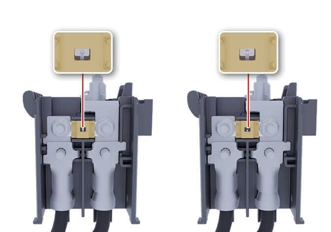 2026 기아 타스만 BFT 타입 퓨즈의 정상 상태와 단선된 상태를 비교한 이미지입니다. 좌측은 내부 금속선이 연결된 정상 퓨즈를, 우측은 금속선이 끊어진 단선 퓨즈를 보여줍니다. 상단의 확대된 그림을 통해 퓨즈 내부의 연결 상태를 확인하여 교체 필요 여부를 판단하는 방법을 설명합니다.