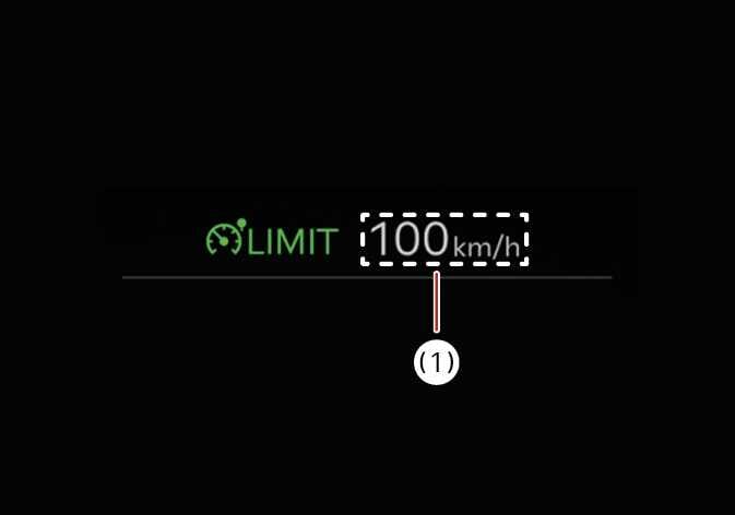 2026 기아 타스만 수동 속도 제한 보조 시스템 화면 이미지입니다. 녹색 스피도미터 아이콘과 LIMIT 문구 옆에 100 km/h 텍스트가 흰색 점선 박스로 강조되어 있습니다. 점선 박스는 하단의 번호 (1) 속도 표시등을 가리키고 있습니다. 설정한 제한 속도가 클러스터에 표시되는 화면 구성을 설명합니다.