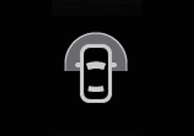 2026 기아 타스만 전방 와이드 뷰 아이콘입니다. 차량 아이콘의 전면부에 반원 형태의 넓은 영역이 회색으로 표시되어 있습니다. 서라운드 뷰 모니터 화면에서 전방 와이드 뷰를 선택하는 기능을 설명합니다.