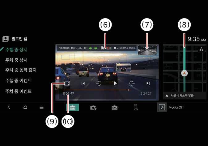 2026 기아 타스만 빌트인 캠 화면 구성 이미지입니다. 주행 영상 재생 화면과 우측 지도 화면이 나타나 있습니다. 화면 상단의 (6) 기록된 주행 정보 표시, 영상 내 우측 상단의 (7) 전후방 영상 선택, 지도 화면의 (8) 녹화 위치, 영상 내 좌측 하단의 (9) 전체 화면/전체 화면 취소, 재생 제어, 하단의 (10) 재생바가 번호로 안내되어 있습니다. 녹화된 영상의 재생 화면 인터페이스와 각 기능의 위치를 설명합니다.