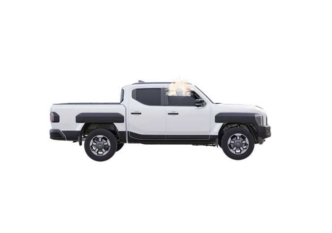 2026 기아 타스만 차량 측면 이미지입니다. 뒷좌석 유리창 상단에 충격 효과 그래픽이 표시되어 창문 끼임 사고를 시각적으로 표현하고 있습니다. 유리창을 닫을 때 탑승자의 머리나 손 등 신체 일부가 끼어 다칠 수 있는 위험성을 경고하는 내용을 설명합니다.