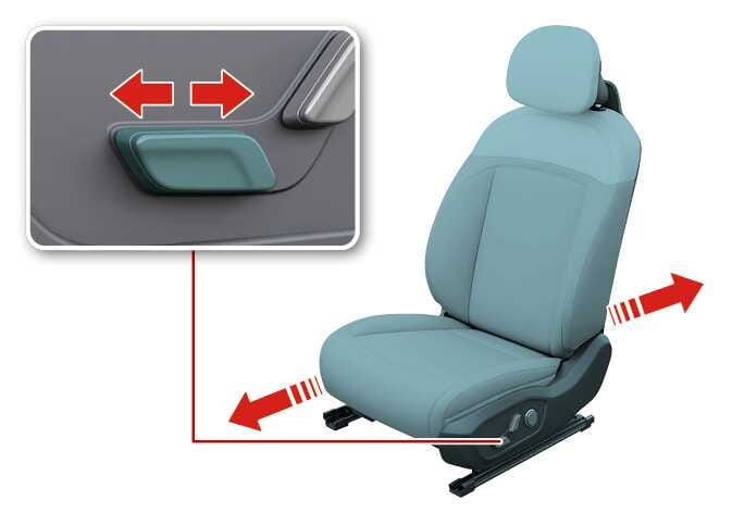 2026 기아 타스만 전동식 좌석 전후 위치 조절 이미지입니다. 청록색으로 강조된 가로 스위치를 좌우로 조작하는 붉은색 화살표가 확대되어 있습니다. 스위치 조작에 따라 좌석이 앞뒤로 이동함을 나타내며, 좌석의 전후 위치를 조절하는 기능을 설명합니다.
