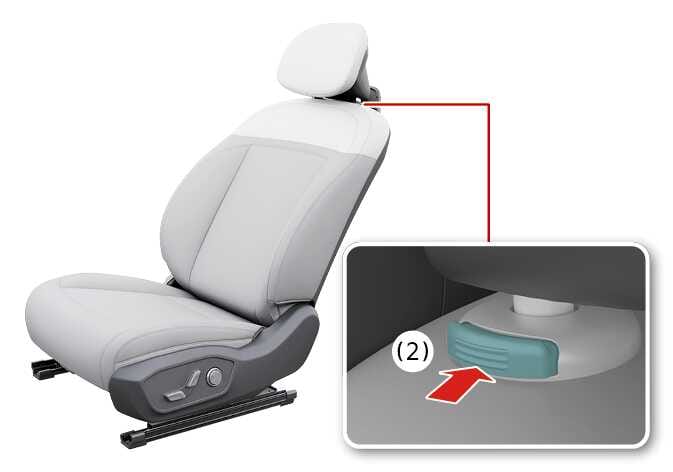 2026 기아 타스만 앞좌석 헤드레스트 분리 이미지입니다. 청록색으로 강조된 잠금 해제 버튼(2)을 붉은색 화살표가 가리키는 상세도가 포함되어 있습니다. 버튼을 눌러 헤드레스트를 분리하는 기능을 설명합니다.