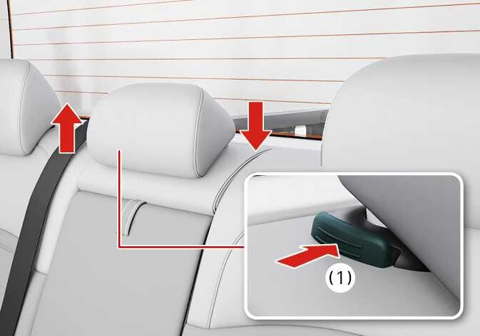 2026 기아 타스만 뒷좌석 헤드레스트 조절 이미지입니다. 헤드레스트를 위아래로 움직이는 붉은색 화살표와, 지지대 하단의 조절 버튼(1)을 화살표 방향으로 누르는 상세도가 포함되어 있습니다. 버튼을 눌러 사용자의 체형에 맞게 헤드레스트 높이를 조절하는 기능을 설명합니다.