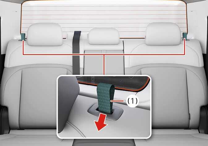 2026 기아 타스만 뒷좌석 폴딩 방법 이미지입니다. 뒷좌석 등받이 상단 양쪽에 위치한 조작 부위를 붉은색 선으로 강조하고, 상세 이미지에 좌석 폴딩 스트랩(1)과 이를 당기는 방향을 지시하는 붉은색 화살표가 표시되어 있습니다. 스트랩을 당겨 뒷좌석 등받이를 앞으로 접는 기능을 설명합니다.
