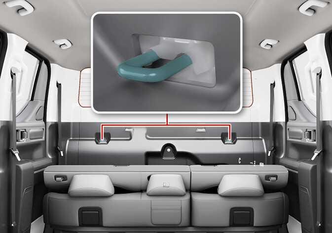 2026 기아 타스만 어린이 보조 시트 상부 부착구 이미지입니다. 뒷좌석 등받이 뒤쪽 패널에 위치한 부착구를 붉은색 선으로 연결하여 확대한 상세도가 포함되어 있습니다. 상세도에는 청록색으로 강조된 U자형 고리가 패널 안쪽에 배치된 모습을 보여줍니다. 어린이 보조 시트의 벨트 고리를 상부 부착구에 확실히 고정하여 시트를 안전하게 장착하는 기능을 설명합니다.