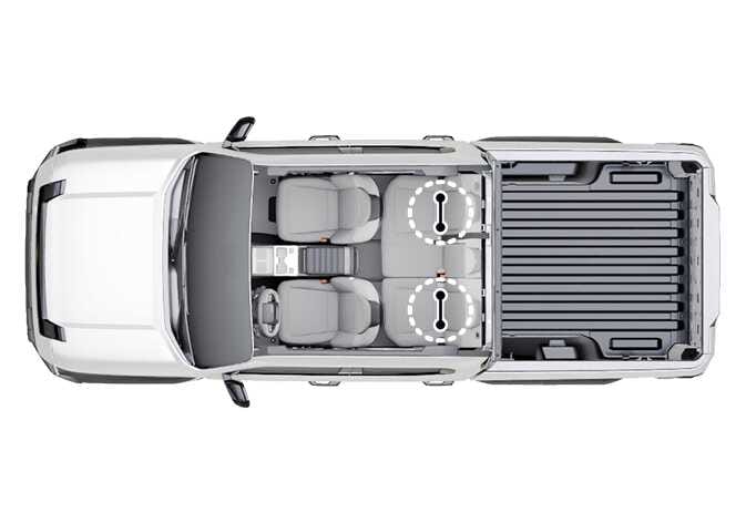 2026 기아 타스만 어린이 보조 시트 하부 부착구 위치 이미지입니다. 차량을 위에서 내려다본 투시도로, 뒷좌석 좌측과 우측 시트의 등받이 하단부에 하부 부착구의 위치가 점선 원으로 강조되어 있습니다. 어린이 보조 시트를 안전하게 고정할 수 있는 하부 부착구가 뒷좌석 양쪽에 위치함을 설명합니다.