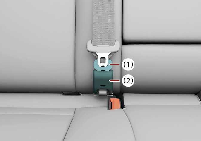 2026 기아 타스만 뒷좌석 중앙 안전벨트 체결 이미지입니다. 안전벨트의 금속 플레이트(1)가 청록색으로 강조된 버클(2)에 삽입되어 연결된 모습을 상세하게 보여줍니다. 플레이트와 버클을 올바르게 체결하여 안전벨트를 고정하는 기능을 설명합니다.
