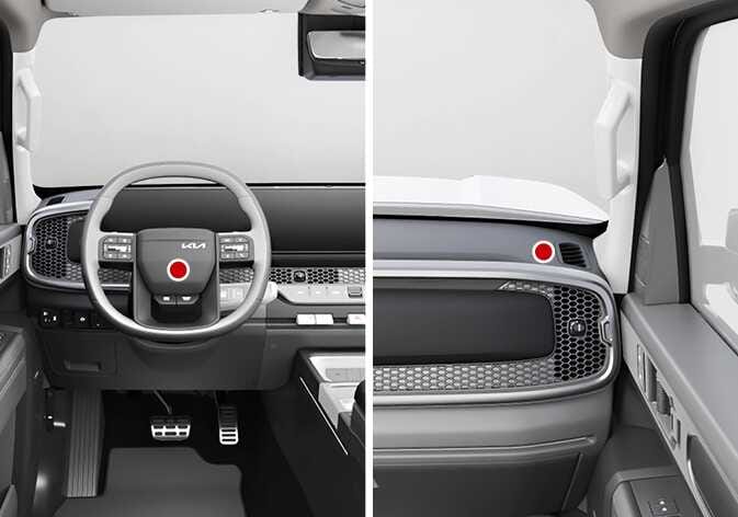 2026 기아 타스만 운전석 및 동승석 에어백 장착 위치 이미지입니다. 좌측에는 스티어링 휠 중앙에, 우측에는 동승석 글로브 박스 상단 인스트루먼트 패널에 각각 붉은색 원형 점으로 에어백의 위치가 표시되어 있습니다. 차량 충돌 시 탑승자를 보호하기 위해 작동하는 에어백의 내장 위치를 확인하는 기능을 설명합니다.