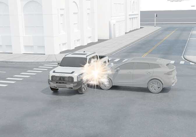 2026 기아 타스만 측면 충돌 사고 시 에어백 비작동 조건 이미지입니다. 흰색 픽업트럭이 교차로에서 다른 차량의 측면을 충돌하는 상황을 보여줍니다. 측면 충돌 시에는 정면 에어백이 탑승자를 보호하는 데 효과적이지 않아 작동하지 않을 수 있음을 설명합니다.