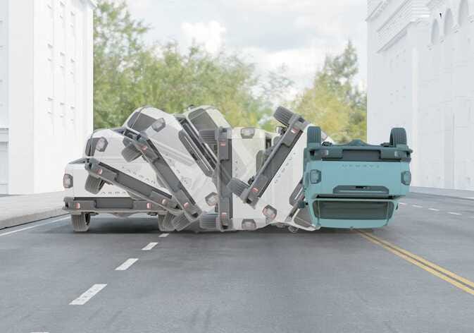 2026 기아 타스만 전복 사고 상황 이미지입니다. 차량이 도로 위에서 옆으로 회전하며 뒤집히는 과정을 연속적인 잔상으로 표현하고, 최종적으로 차량이 거꾸로 전복된 모습을 보여줍니다. 전복 사고 발생 시 에어백이 작동하지 않을 수 있는 조건을 설명합니다.