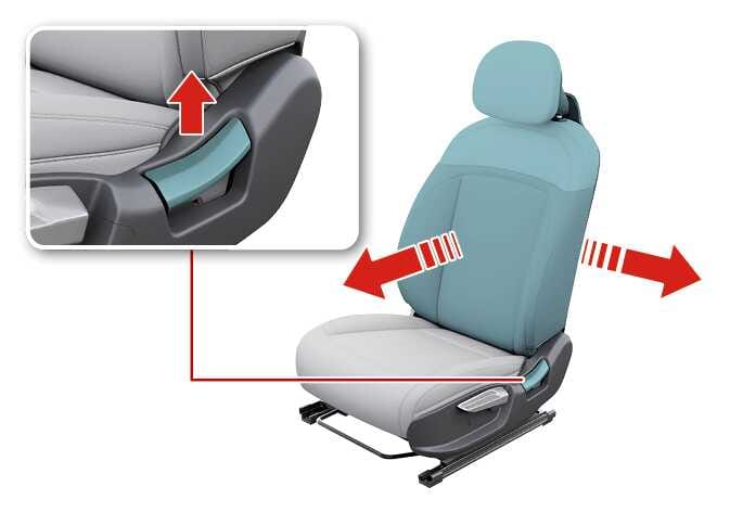 2026 기아 타스만 앞좌석 등받이 각도 조절 이미지입니다. 청록색으로 강조된 측면 레버를 위로 당기는 상세도와 등받이가 앞뒤로 기울어지는 붉은색 화살표가 있습니다. 레버를 조작하여 등받이 각도를 조절하는 기능을 설명합니다.