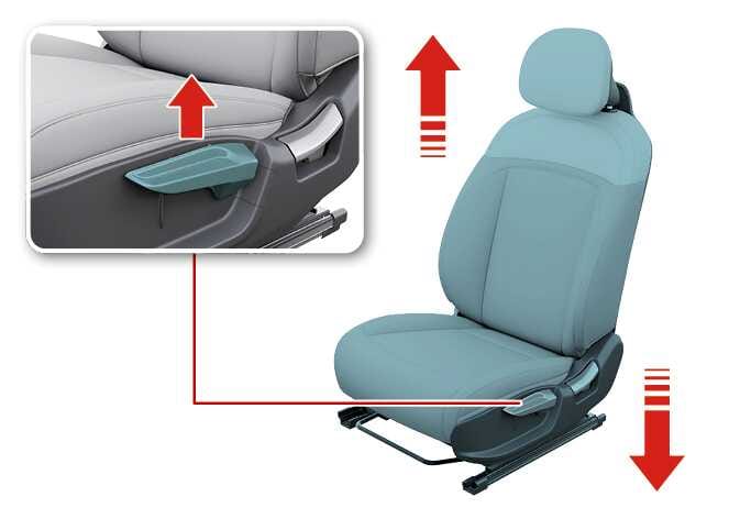 2026 기아 타스만 앞좌석 높낮이 조절 이미지입니다. 시트 측면의 청록색으로 강조된 조절 레버를 위로 당기는 상세도가 포함되어 있으며, 시트 우측에는 상하 이동을 나타내는 붉은색 수직 화살표가 있습니다. 레버를 펌프질하듯 조작하여 시트의 높이를 조절하는 기능을 설명합니다.