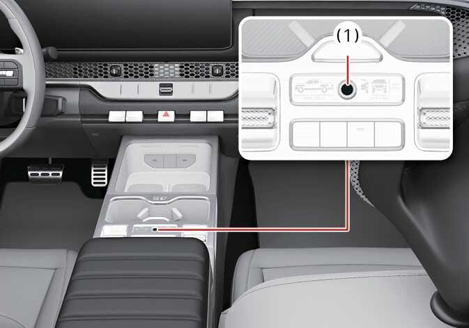 2026 기아 타스만 지문 인식 센서 이미지입니다. 센터 콘솔 조작부 중앙에 위치한 원형의 지문 인식 센서(1)를 붉은색 선으로 연결하여 확대한 상세도가 포함되어 있습니다. 지문 인증 시스템 사용을 위해 센서에 손가락을 올려 지문을 등록하는 위치를 설명합니다.