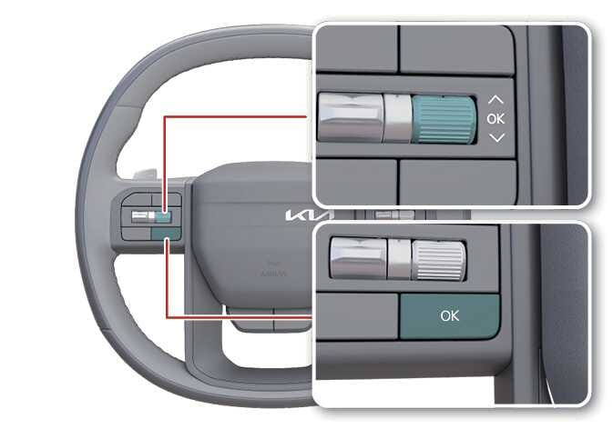 2026 기아 타스만 스티어링 휠 우측 조작부 이미지입니다. 스티어링 휠 우측 버튼 영역을 붉은색 박스로 표시하고 우측에 확대하여 보여줍니다. 상단 상세도에는 스크롤 휠이, 하단 상세도에는 'OK' 버튼이 청록색으로 강조되어 있습니다. 후석 승객 알림을 해제하기 위해 OK 버튼을 조작하는 위치를 설명합니다.