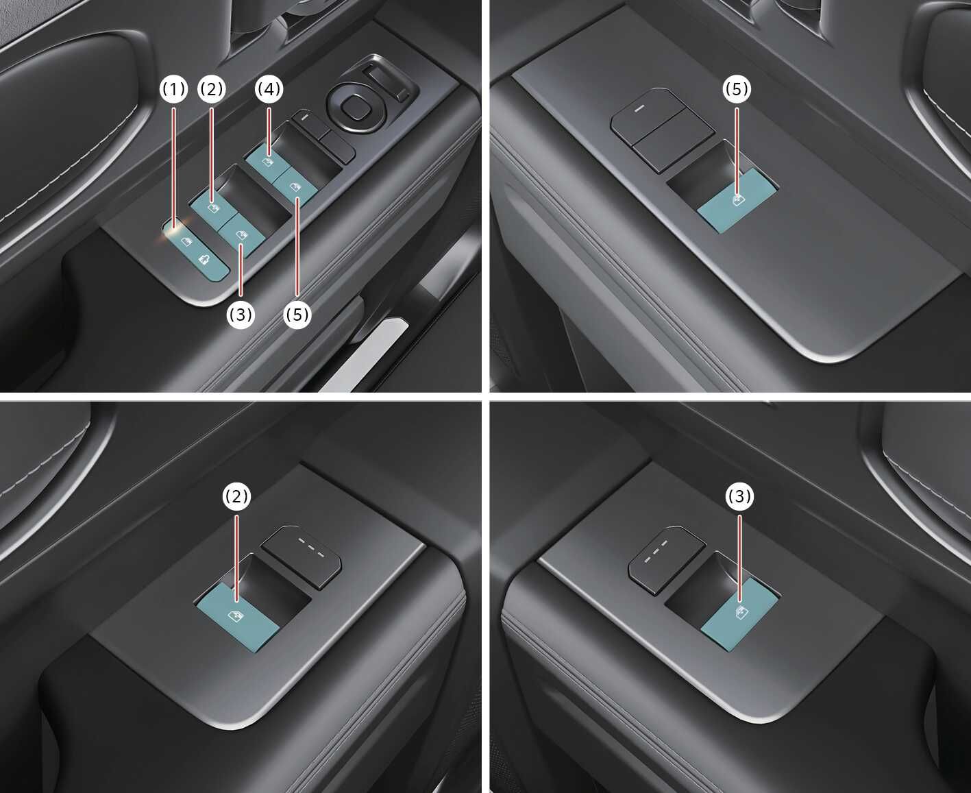 2026 기아 타스만 유리창 개폐 스위치 이미지입니다. 운전석, 동승석, 뒷좌석 도어 암레스트에 위치한 스위치들이 청록색으로 강조되어 있습니다. 운전석에는 뒷좌석 잠금 버튼(1), 뒷좌석 좌우(2, 3), 운전석(4) 및 동승석(5) 스위치가 모두 배치되어 있고, 각 좌석에는 해당 위치의 스위치(2, 3, 5)가 있습니다. 각 위치에서 유리창을 여닫거나 운전석에서 통합 제어하는 기능을 설명합니다.