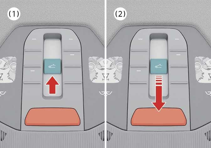 2026 기아 타스만 선루프 틸트 조작 이미지입니다. 오버헤드 콘솔의 선루프 스위치가 청록색으로 강조되어 있습니다. (1)번은 붉은색 화살표가 위쪽을 가리켜 틸트 열림을, (2)번은 붉은색 화살표가 아래쪽을 가리켜 틸트 닫힘을 나타냅니다. 스위치를 조작하여 선루프 글라스를 틸트 방식으로 열고 닫는 기능을 설명합니다.