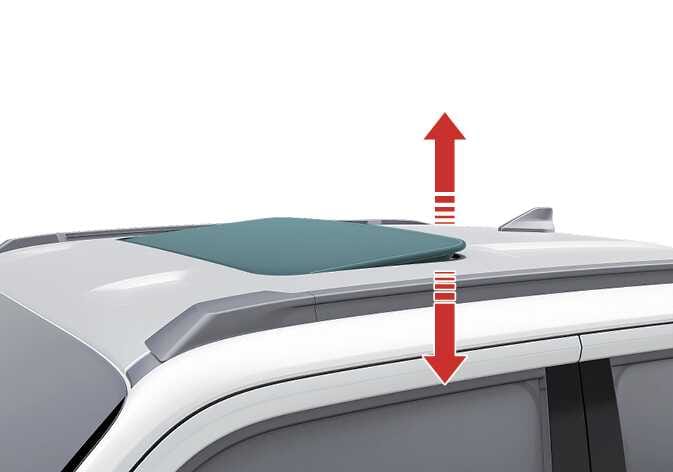 2026 기아 타스만 선루프 틸트 작동 이미지입니다. 차량 지붕의 선루프 글라스가 청록색으로 강조되어 있으며, 그 옆에 위아래 양방향을 가리키는 붉은색 수직 화살표가 표시되어 있습니다. 선루프 글라스가 위쪽으로 기울어지며 열리거나 아래로 내려와 닫히는 틸트 작동 방식을 설명합니다.