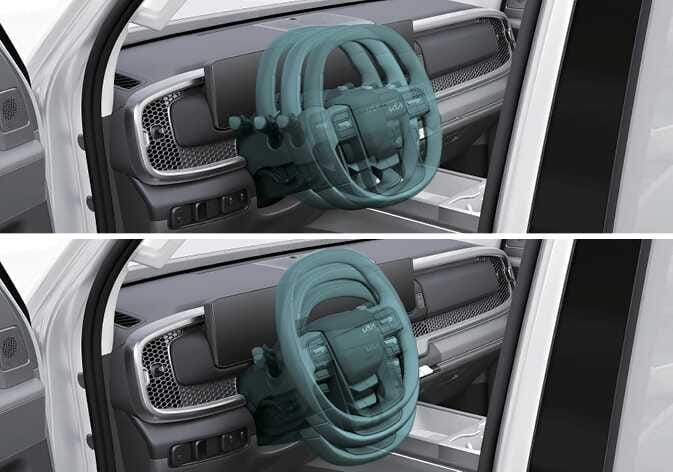 2026 기아 타스만 스티어링 휠 위치 조절 이미지입니다. 상단은 청록색으로 강조된 스티어링 휠이 위아래로 움직이는 모습을, 하단은 앞뒤로 이동하는 모습을 여러 겹의 이미지로 표현하고 있습니다. 운전자의 체형에 맞춰 스티어링 휠의 높낮이와 전후 위치를 조절하는 기능을 설명합니다.