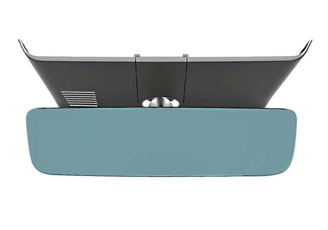 2026 기아 타스만 전자식 룸미러(ECM) 이미지입니다. 차량 실내 상단에 장착된 미러의 거울 면이 청록색으로 강조되어 있습니다. 야간 주행 시 후방 차량의 전조등 빛을 센서로 감지하여 미러의 반사율을 자동으로 낮추고 운전자의 눈부심을 줄여주는 기능을 설명합니다.