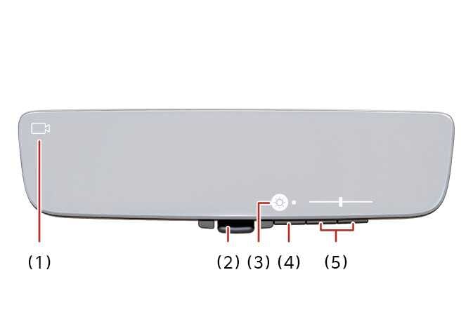 2026 기아 타스만 디지털 센터 미러 구성 요소 이미지입니다. 실내 미러 정면의 주요 부품이 붉은색 선과 번호 (1)부터 (5)로 표시되어 있습니다. (1)은 좌측 상단 카메라 표시등, (2)는 하단 중앙 레버, (3)은 우측 하단 아이콘 표시 영역, (4)는 메뉴 버튼, (5)는 선택 및 조절 버튼을 나타냅니다. 디지털 센터 미러의 각 부품 위치와 명칭을 확인하는 기능을 설명합니다.