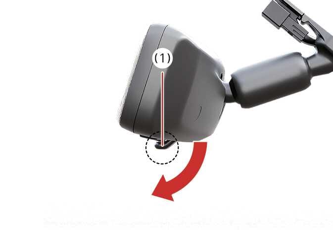 2026 기아 타스만 디지털 센터 미러 모드 변경 이미지입니다. 미러 하단의 모드 선택 레버(1)를 붉은색 굽은 화살표 방향으로 당기는 모습입니다. 레버를 조작하여 디지털 미러 모드로 전환하는 기능을 설명합니다.