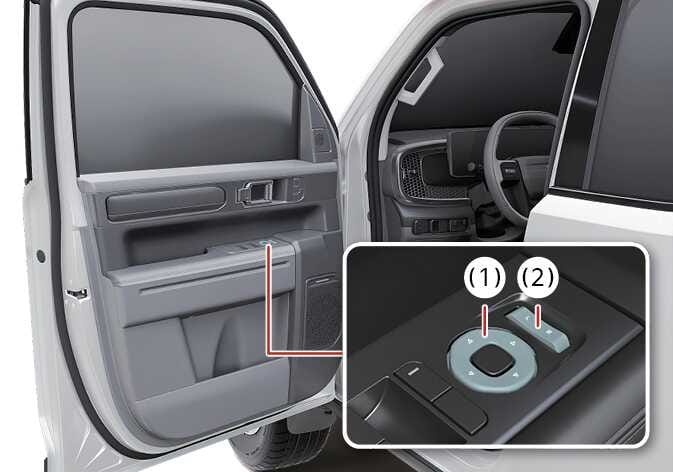 2026 기아 타스만 실외 미러 조절 스위치 이미지입니다. 운전석 도어 암레스트에 위치한 조작부 상세도에 청록색으로 강조된 4방향 미러 조절 스위치(1)와 좌우 미러 조절 선택 스위치(2)가 표시되어 있습니다. 선택 스위치로 방향을 정하고 조절 스위치를 눌러 미러 각도를 조절하는 기능을 설명합니다.