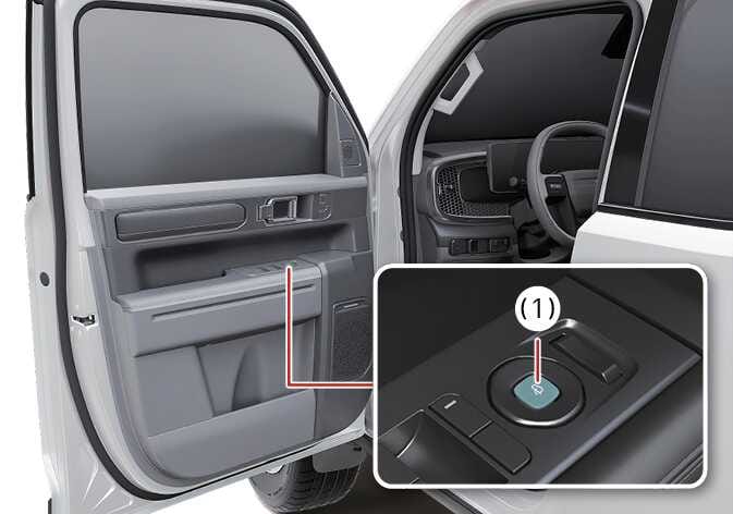 2026 기아 타스만 실외 미러 접이 버튼 이미지입니다. 운전석 도어 내부의 윈도우 조작 패널과 이를 확대한 상세도가 포함되어 있습니다. 상세도에는 실외 미러 접이 버튼(1)이 청록색으로 강조되어 있습니다. 해당 버튼을 눌러 실외 미러를 접거나 펼치는 기능을 설명합니다.