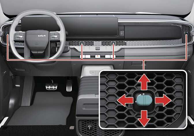 2026 기아 타스만 앞좌석 송풍구 조절 이미지입니다. 대시보드 전면의 송풍구 위치와 상세 확대도가 포함되어 있습니다. 확대된 이미지 속 청록색으로 강조된 조절 레버 주변으로 상하좌우 방향의 붉은색 화살표가 표시되어 있습니다. 레버를 조작하여 송풍구의 바람 방향을 상하좌우로 조절하는 기능을 설명합니다.