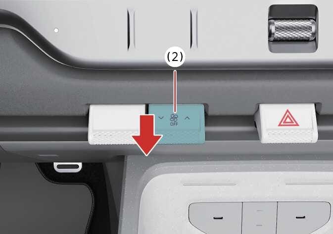 2026 기아 타스만 풍량 조절 레버 이미지입니다. 청록색으로 강조된 풍량 조절 레버(2)에 팬 아이콘과 OFF 문구가 있으며, 붉은색 화살표가 아래쪽을 가리키고 있습니다. 레버를 아래로 눌러 공조 장치 작동을 정지하는 기능을 설명합니다.