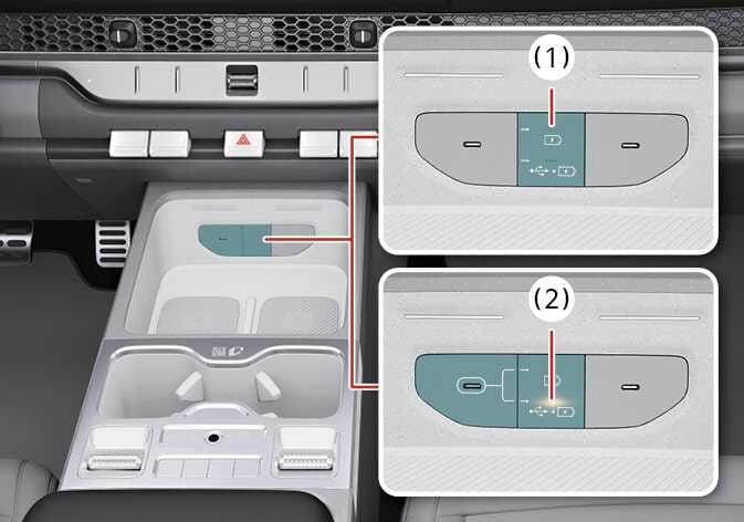 2026 기아 타스만 USB 데이터 단자 조작 이미지입니다. 센터 콘솔 수납함 내부의 단자 위치와 두 가지 상세도가 있습니다. 상단 상세도는 청록색으로 강조된 USB 버튼(1)을, 하단 상세도는 버튼 조작 시 주황색으로 점등되는 USB 데이터 단자 표시등(2)을 나타냅니다. 버튼을 눌러 데이터 연결 기능을 활성화하는 방법을 설명합니다.