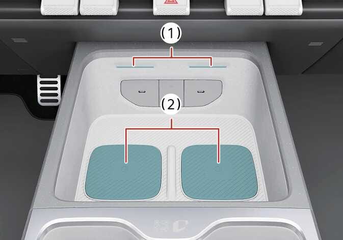 2026 기아 타스만 스마트폰 무선 충전 시스템 이미지입니다. 상단의 충전 상태 표시등(1)과 하단에 청록색으로 강조된 두 개의 무선 충전 패드(2)가 위치해 있습니다. 패드 위에 스마트폰을 올려놓아 무선으로 충전하는 기능을 설명합니다.