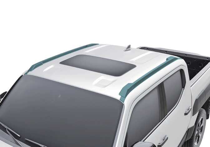 2026 기아 타스만 루프랙 A 타입 이미지입니다. 차량 지붕 양쪽 측면에 청록색으로 강조된 루프랙이 장착되어 있고, 지붕 중앙에는 선루프가 위치한 모습을 보여줍니다. 루프랙의 위치와 형상을 확인하여 화물 적재 및 액세서리 장착 시 참고하는 기능을 설명합니다.