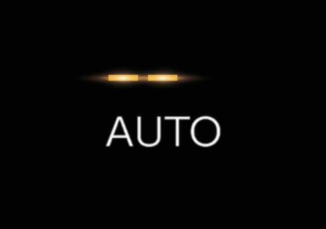 2026 기아 타스만 전자동 조절 2단 아이콘입니다. 검은색 배경 중앙에 흰색 AUTO 문구가 있고, 그 위에 주황색 표시등 두 개가 가로로 점등되어 있습니다. 전자동 조절 기능이 2단으로 설정되어 있음을 시각적으로 안내하는 기능을 설명합니다.