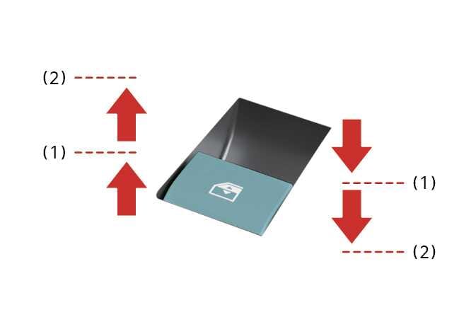 2026 기아 타스만 유리창 개폐 스위치 조작 이미지입니다. 청록색으로 강조된 스위치 위아래로 굵은 빨간색 화살표가 조작 단계를 표시합니다. 점선으로 표시된 (1)은 첫 번째 걸리는 위치, (2)는 두 번째 걸리는 위치를 나타냅니다. 스위치 조작 깊이에 따라 수동 및 원터치 자동 개폐가 작동하는 기능을 설명합니다.