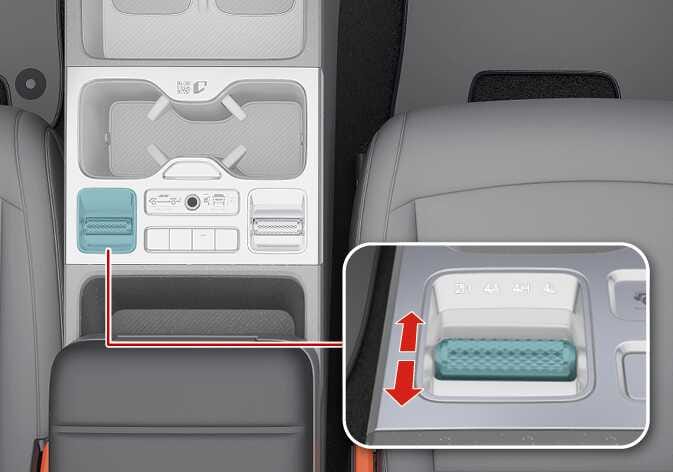 2026 기아 타스만 전자식 4WD 조작 스위치 이미지입니다. 센터 콘솔에 위치한 조작 레버가 청록색으로 강조되어 있으며, 확대된 상세도에는 레버 상단에 2H, 4A, 4H, 4L 문구가 표시되어 있습니다. 레버 좌측의 위아래 방향 붉은색 화살표는 조작 방향을 나타냅니다. 레버를 위아래로 움직여 주행 모드를 선택하는 기능을 설명합니다.