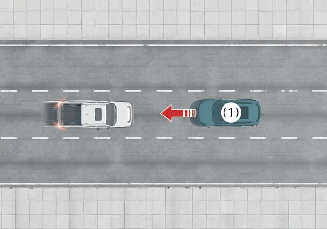 2026 기아 타스만 정면 대향차 대응 기능 이미지입니다. 도로 위 주행 중인 차량 맞은편에서 다가오는 (1) 대향차를 보여줍니다. (1) 대향차 앞쪽에 붉은색 화살표가 표시되어 정면 충돌 방향을 나타내고 있습니다. 직진 주행 시 맞은편에서 접근하는 차량과의 충돌 위험이 감지되면 충돌 속도를 줄이도록 제동을 돕는 기능을 설명합니다.