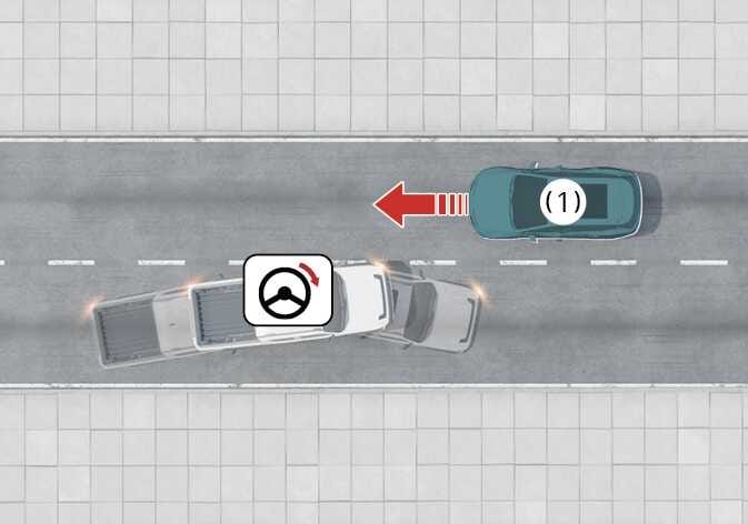 2026 기아 타스만 추월 시 대향차 대응 기능 이미지입니다. 추월 중인 흰색 차량과 맞은편에서 접근하는 대향차(1) 사이에 충돌 위험이 있는 상황을 보여줍니다. 대향차 앞에는 붉은색 화살표가, 흰색 차량 위에는 스티어링 휠과 회전 화살표 아이콘이 표시되어 있습니다. 충돌을 피하도록 제동 및 조향을 돕는 기능을 설명합니다.