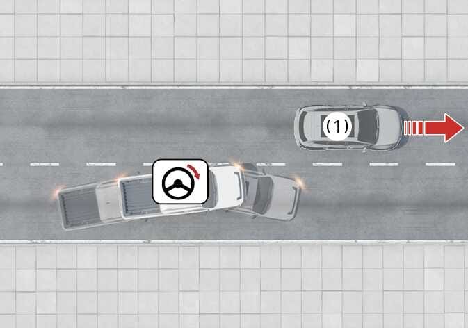 2026 기아 타스만 전방 충돌방지 보조 이미지입니다. 전방 충돌을 피하기 위해 방향을 바꾸는 차량과 스티어링 휠 회전 아이콘, 우측 차로에서 붉은색 화살표 방향으로 주행 중인 차량(1)이 보입니다. 충돌 위험 시 회피 조향을 돕는 기능을 설명합니다.